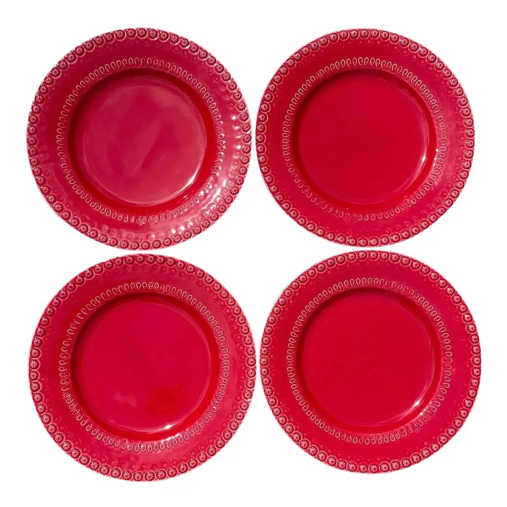 2000s Bordallo Pinheiro Fantasy Dinner Plates in Red - Set of 4